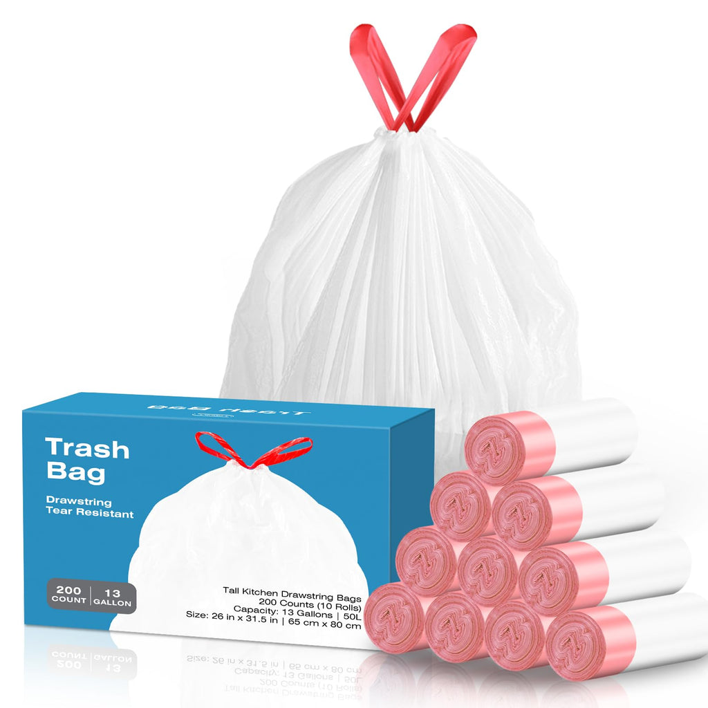 13.2 Gallon Tall Kitchen Drawstring Trash Bags, 200 Count Unscented Leak Proof T9705