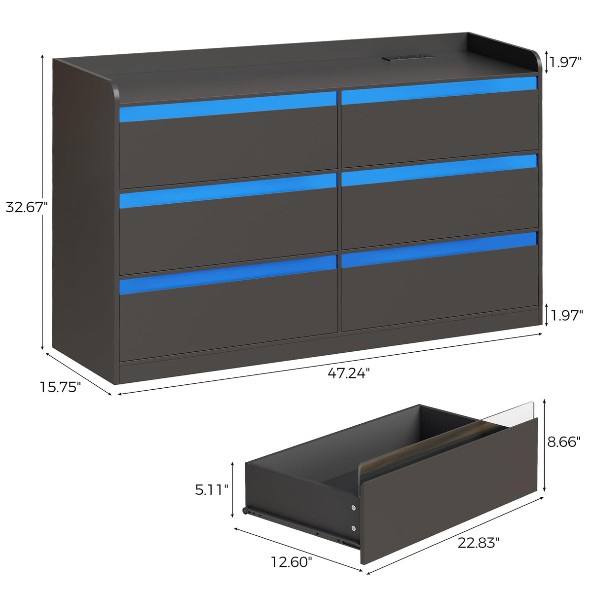 Black Dresser with Power Outlet and LED Lights R2778