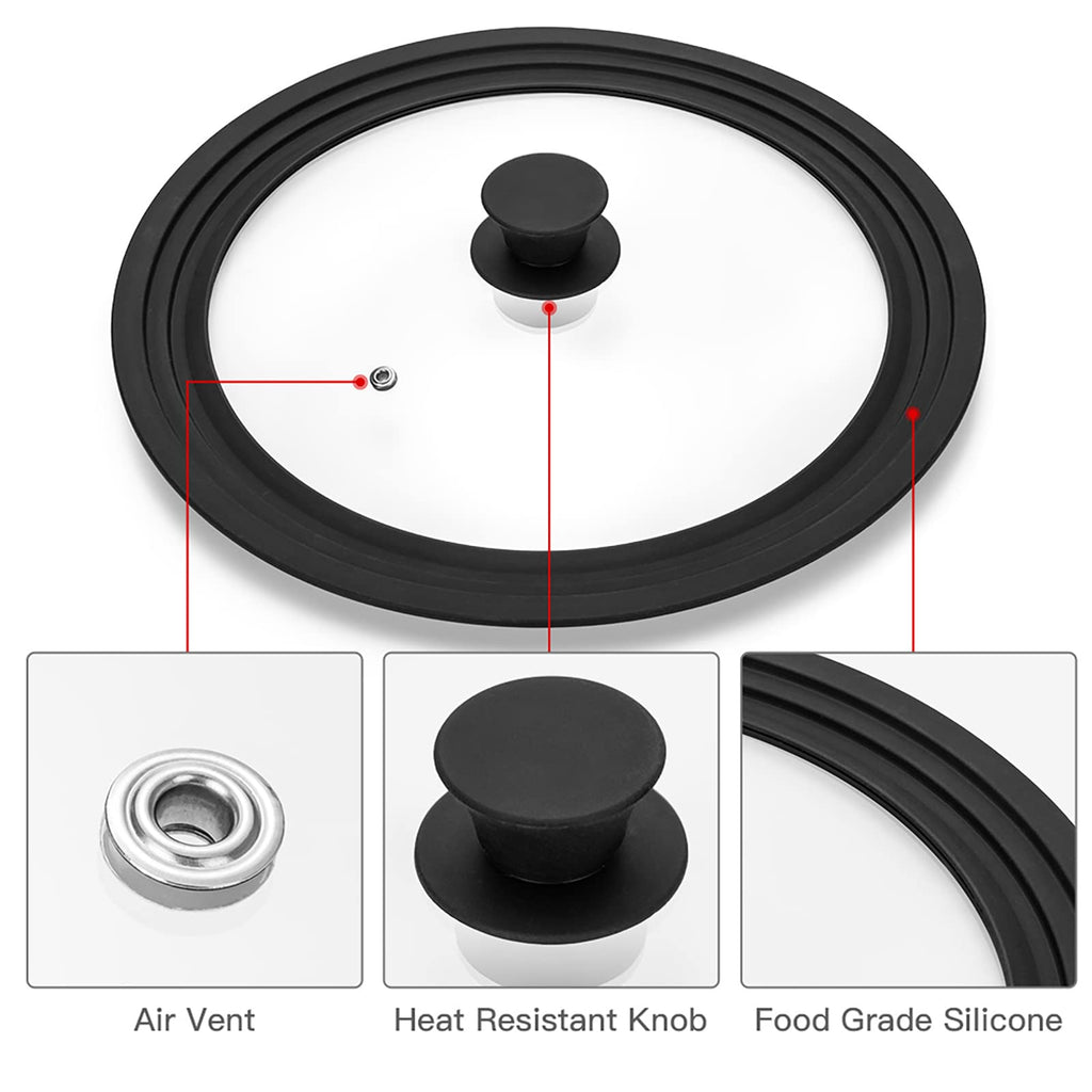Vented Tempered Glass Universal Lid with Silicone Rim, Fits 11-12.5 inch Cookware, Black E989