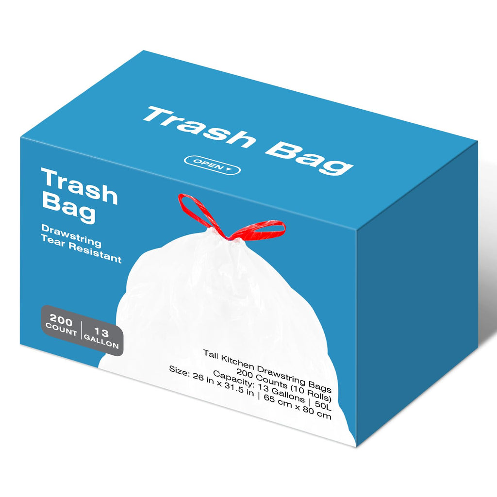 13.2 Gallon Tall Kitchen Drawstring Trash Bags, 200 Count Unscented Leak Proof T9705