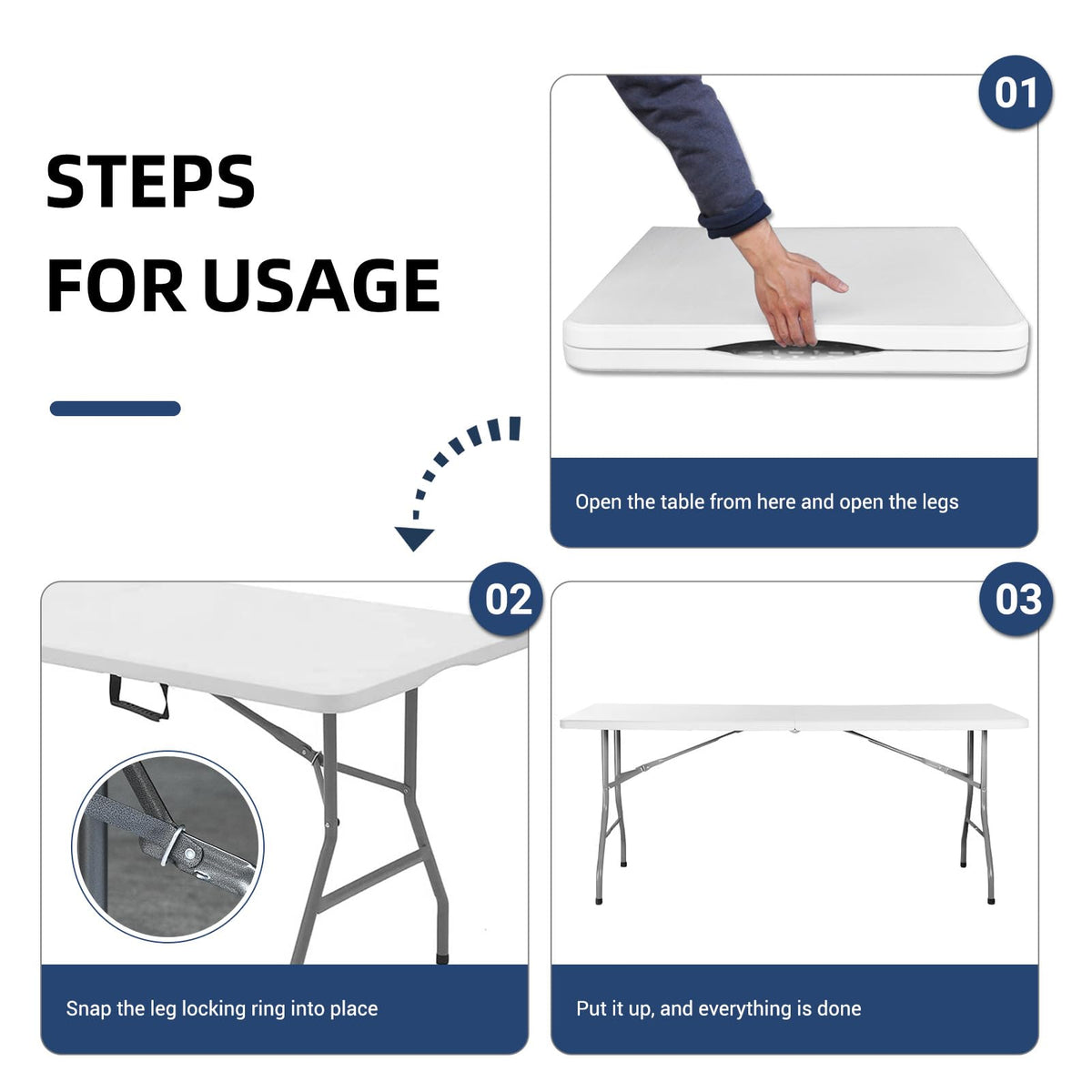 6ft Heavy Duty White Folding Table with Carrying Handle U554
