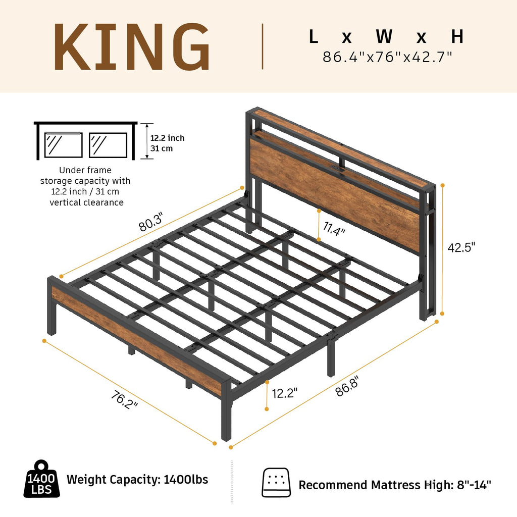 King Size Bed Frame with LED Light and Charging Station O284