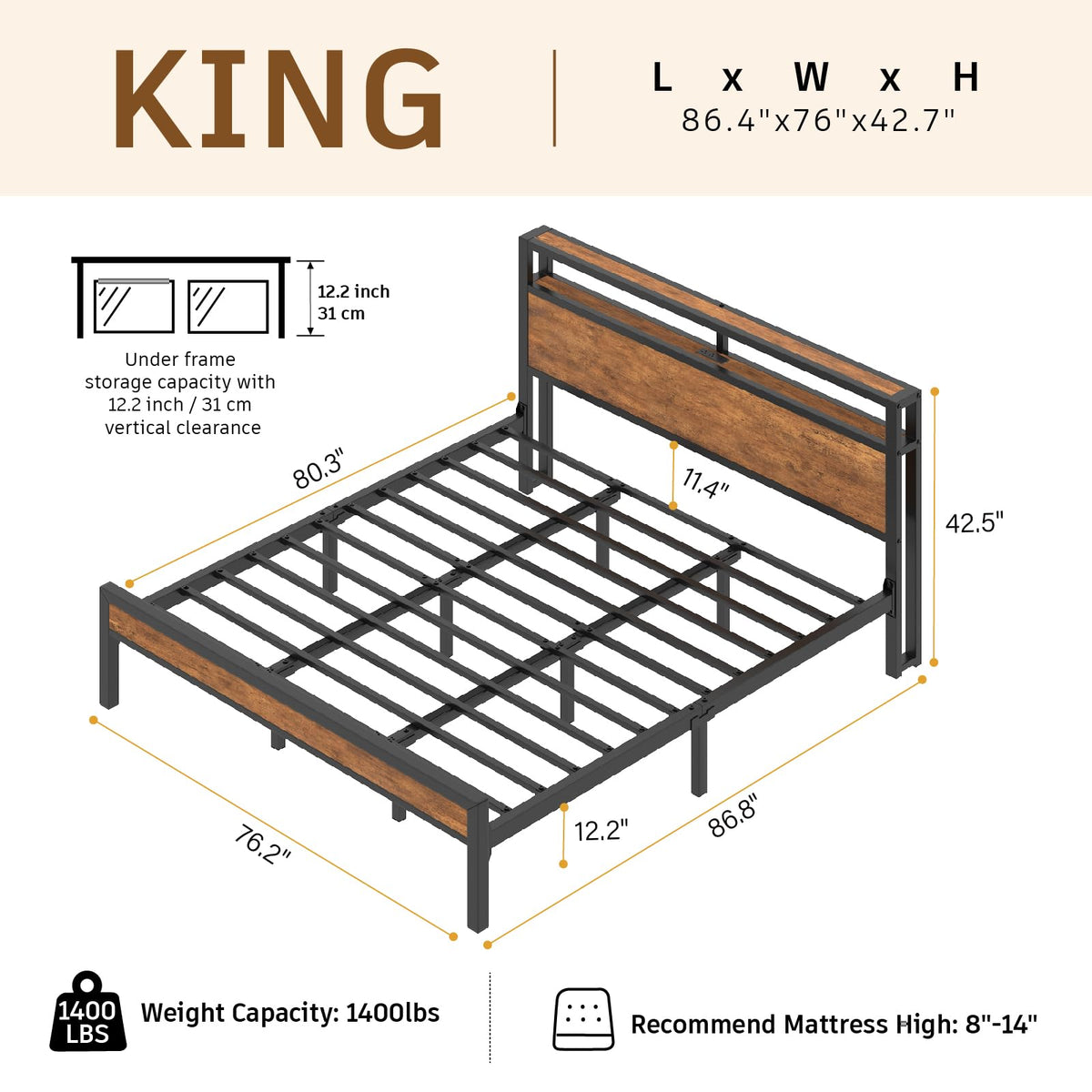King Size Bed Frame with LED Light and Charging Station O284