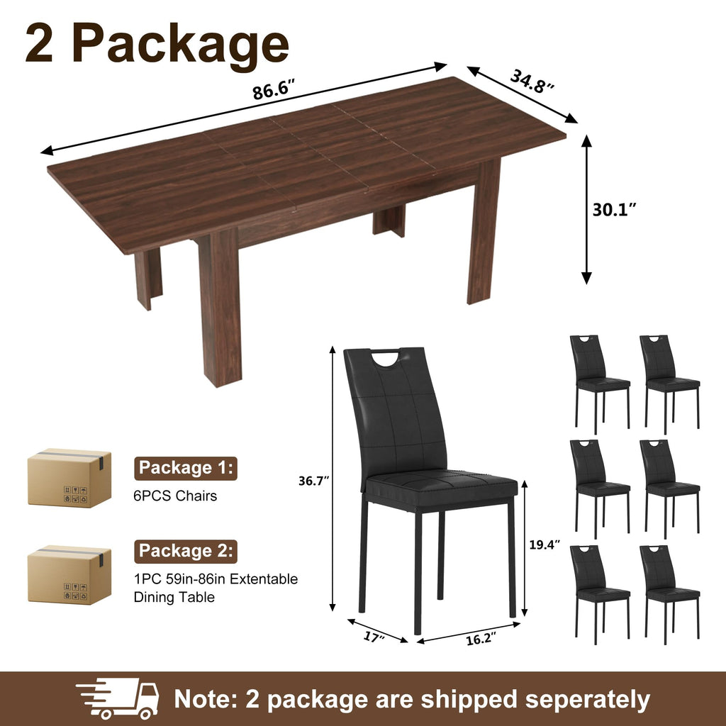 7 Piece Walnut Dining Table and Black Chairs Set V11385