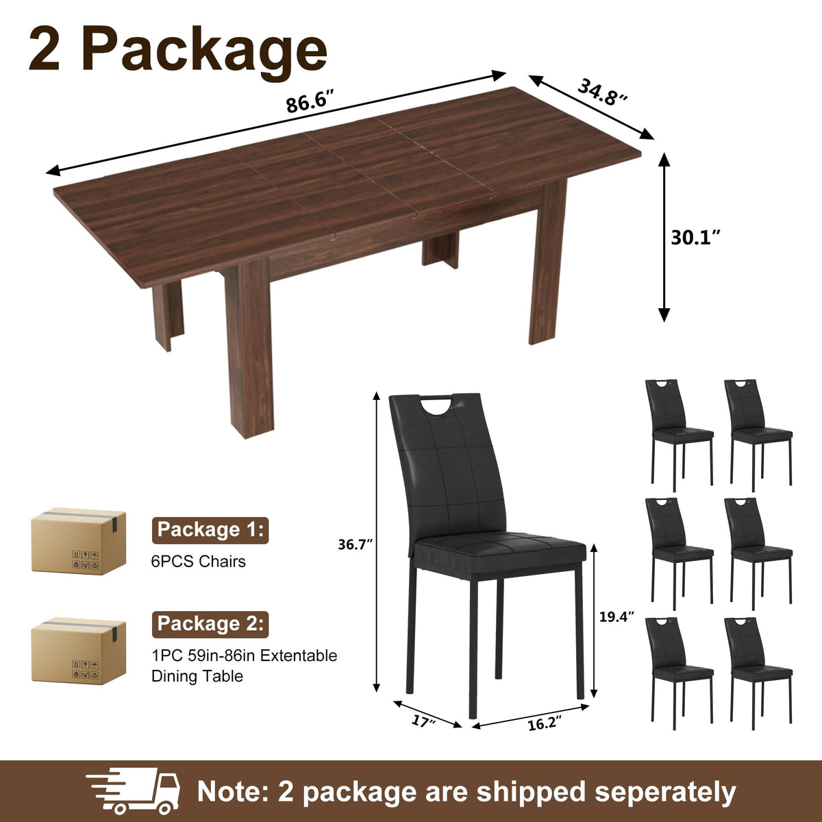 7 Piece Walnut Dining Table and Black Chairs Set V11385