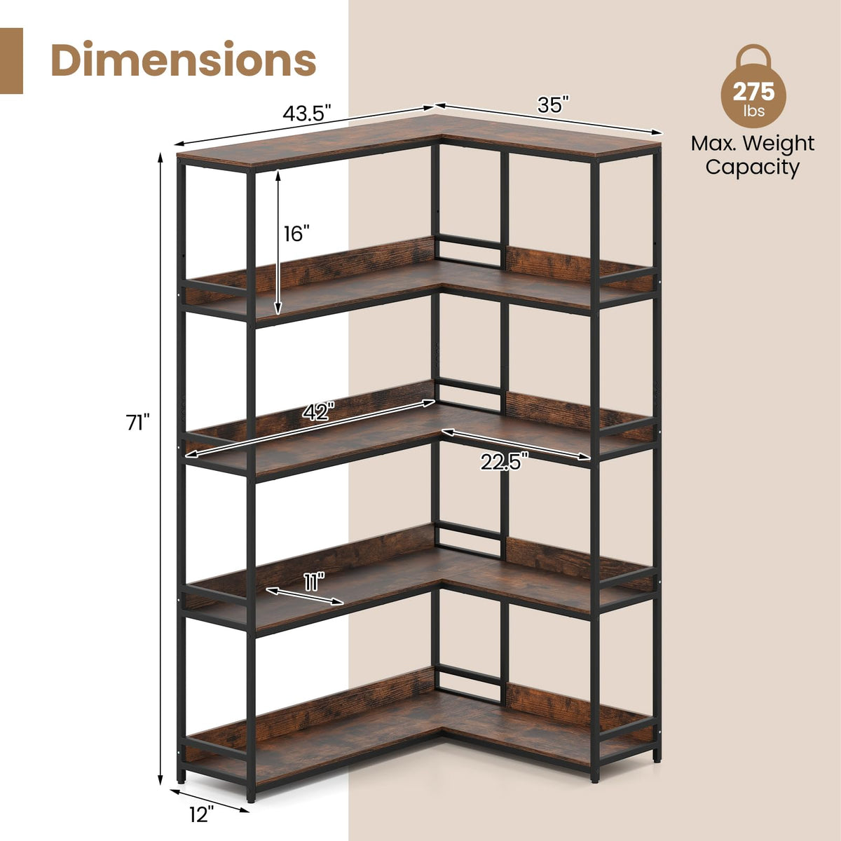 5-Tier L-Shaped Bookshelf with Metal Frame S907
