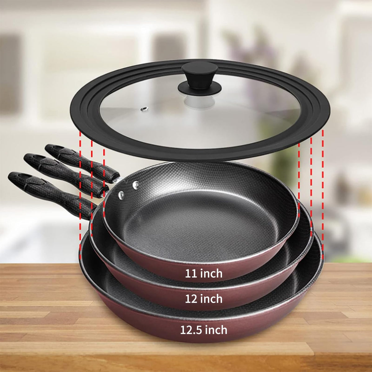 Vented Tempered Glass Universal Lid with Silicone Rim, Fits 11-12.5 inch Cookware, Black E989