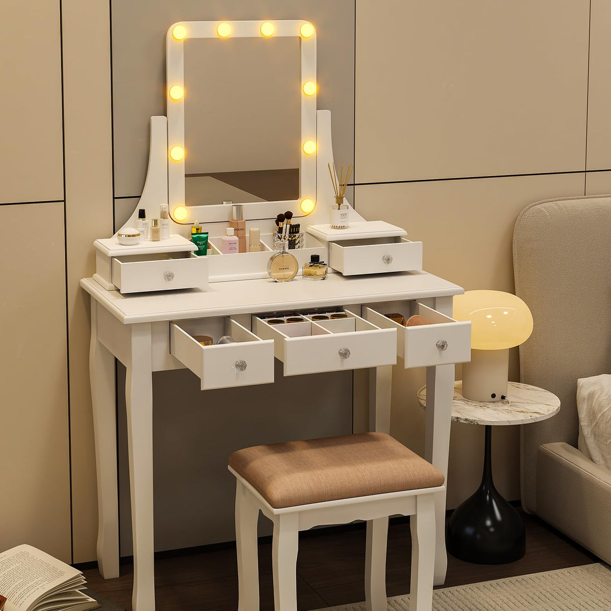 Vanity Desk with Mirror and Lights and Stool Set Y792485