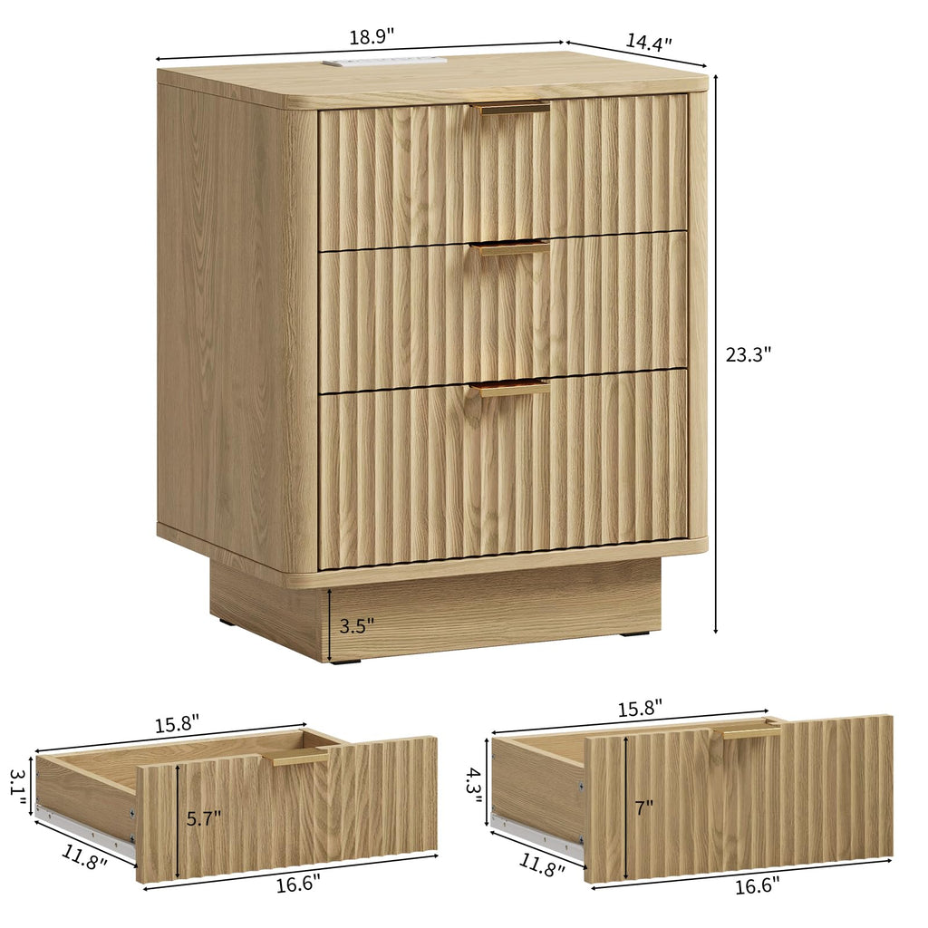 Natural 3 Drawer Nightstand with Charging Station A14932