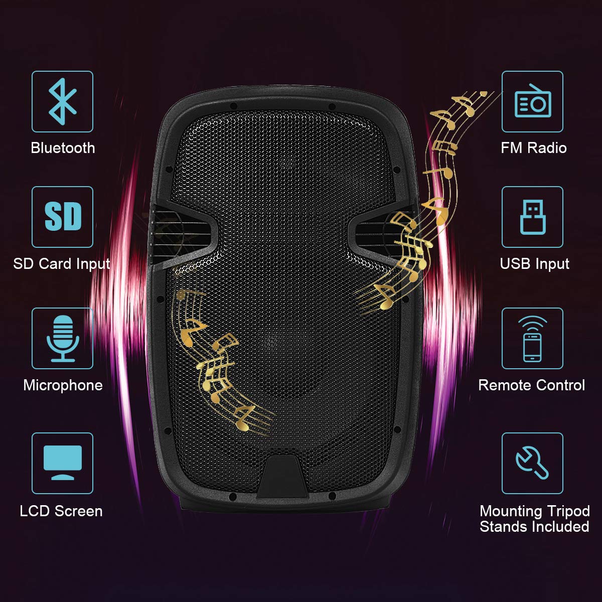 2000W 12" Portable Dual Powered Speakers PA System with Tripod Stands N186748