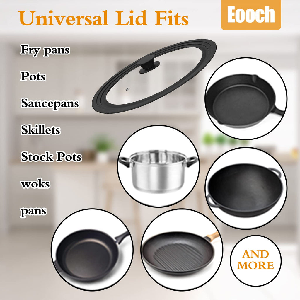 Vented Tempered Glass Universal Lid with Silicone Rim, Fits 11-12.5 inch Cookware, Black E989