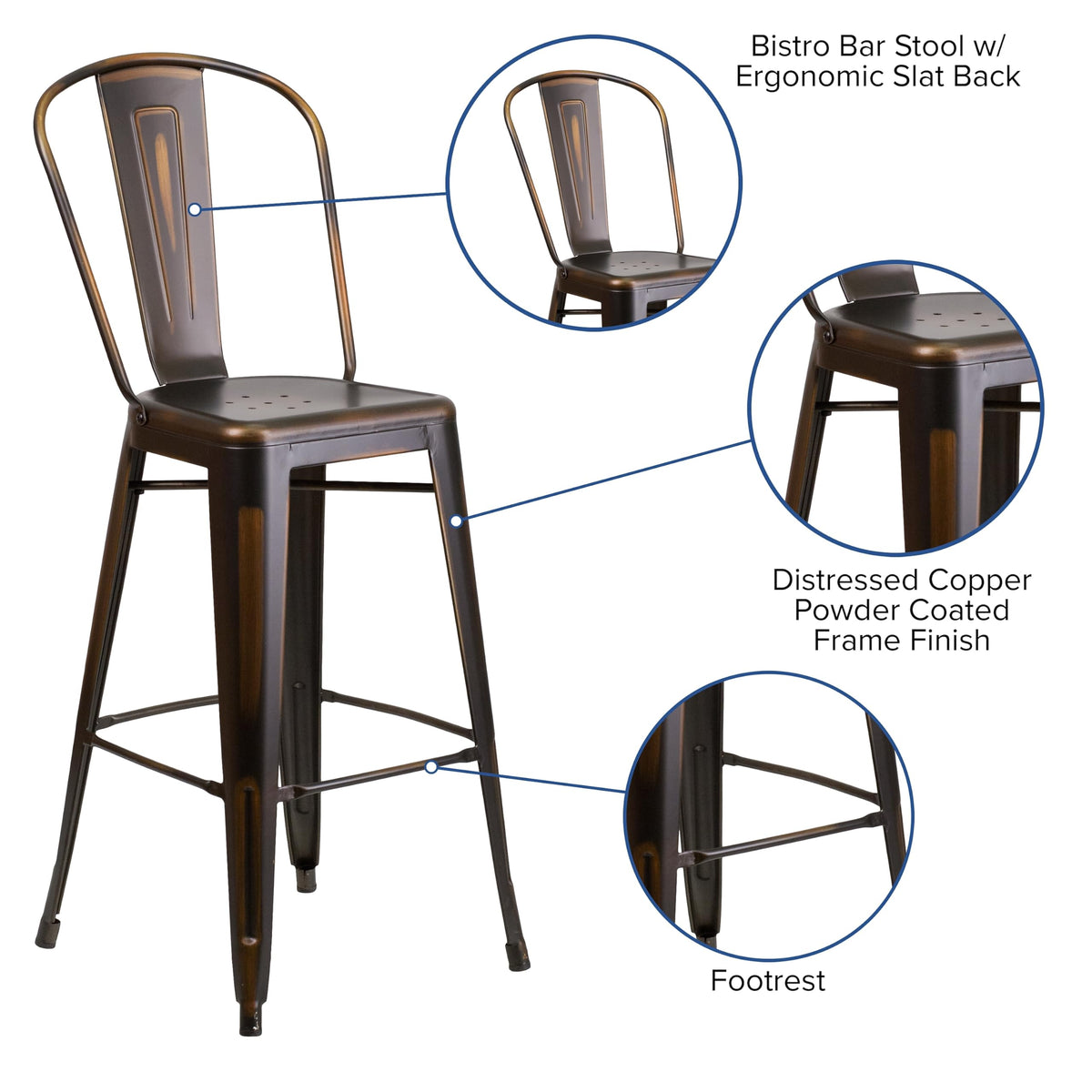 Distressed Copper Metal Indoor-Outdoor Barstool with Back M555700