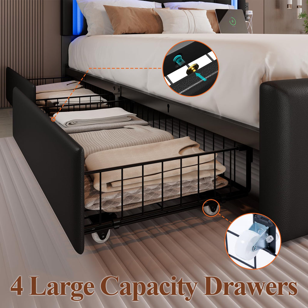 Full Size Bed Frame with LED Lights and Storage Drawers, Black B326980