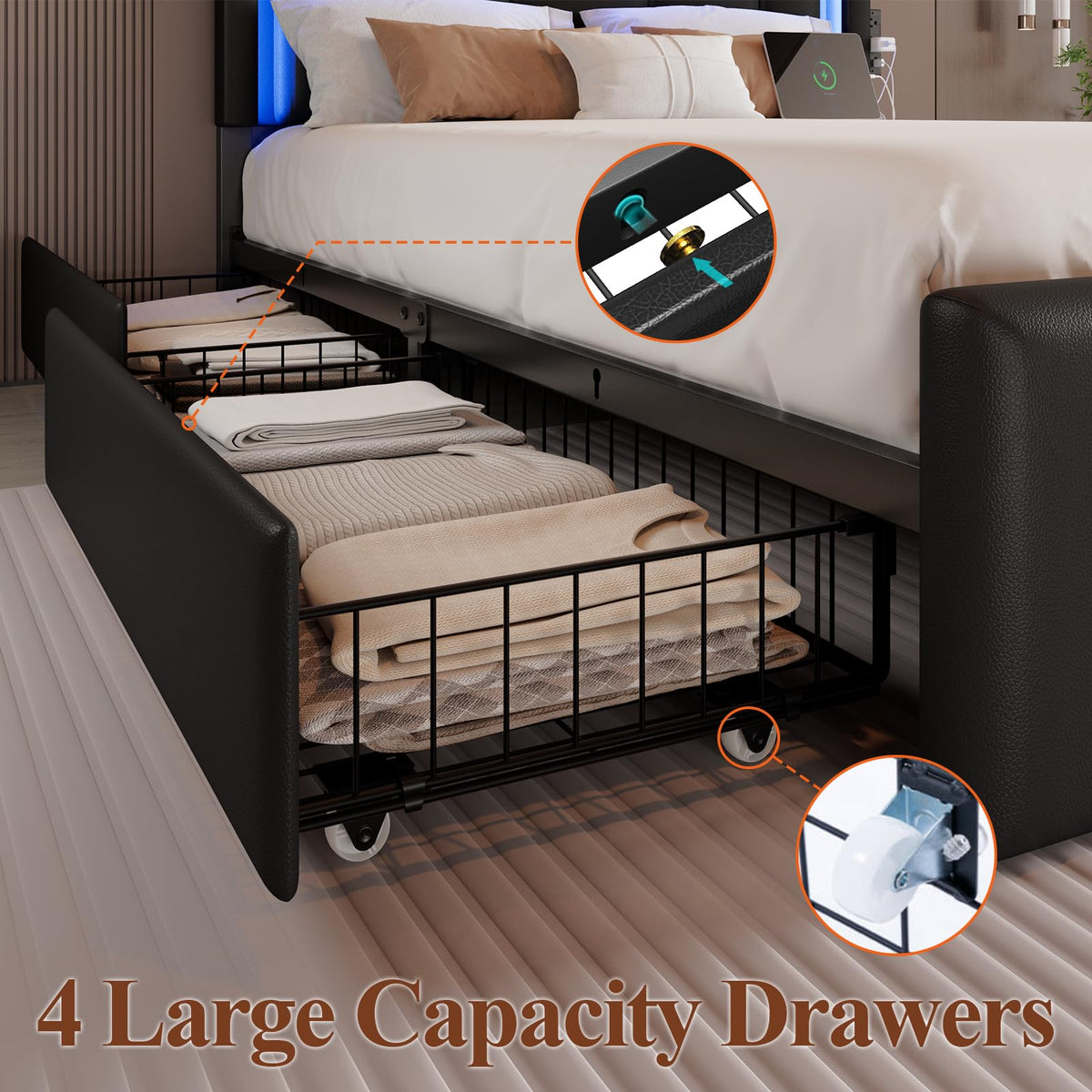 Full Size Bed Frame with LED Lights and Storage Drawers, Black B326980