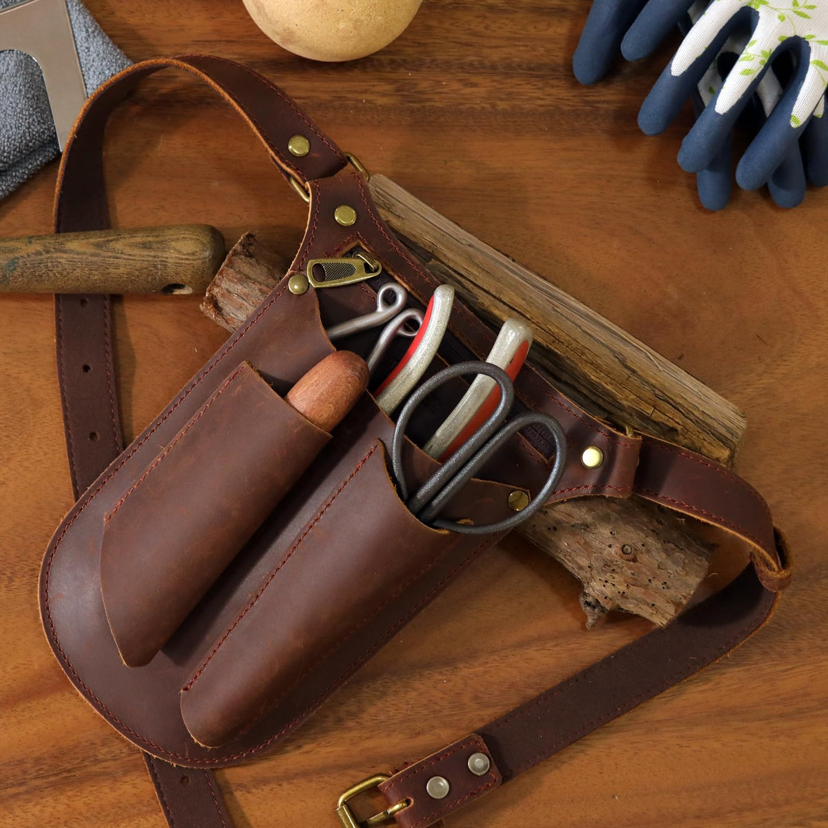 Brown Leather Gardening Tool Belt with 4 Pockets N758