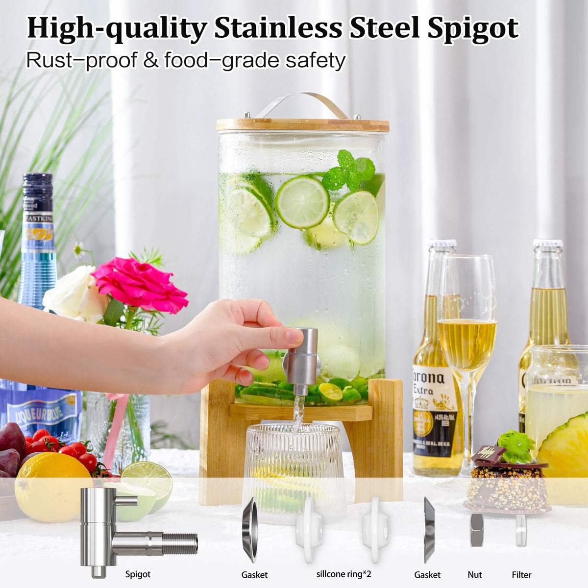 1.2 Gallon Glass Drink Dispenser with Stand and Spigot, 2 Pack B3476
