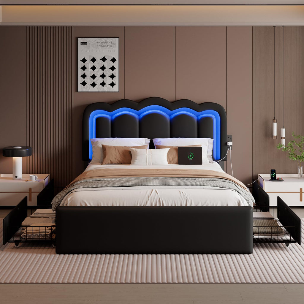 Full Size Bed Frame with LED Lights and Storage Drawers, Black B326980