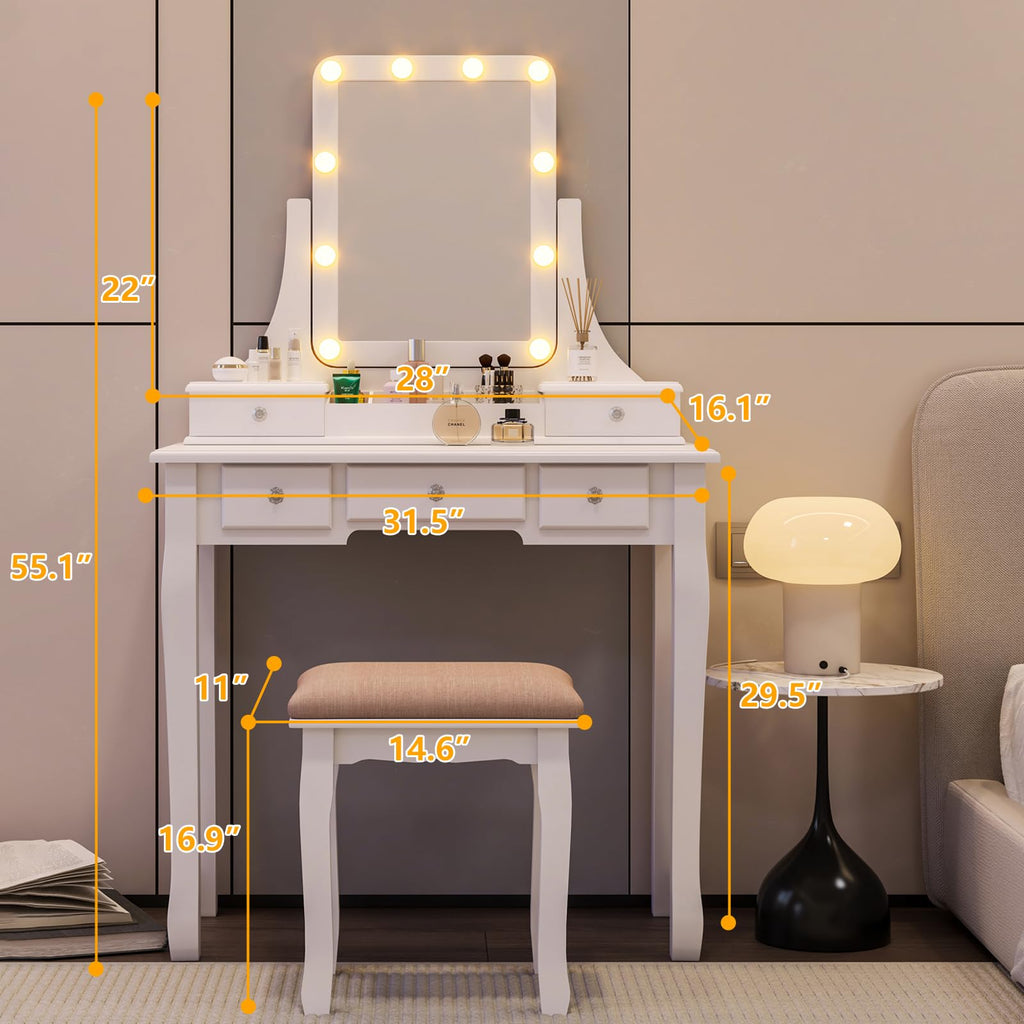 Vanity Desk with Mirror and Lights and Stool Set Y792485