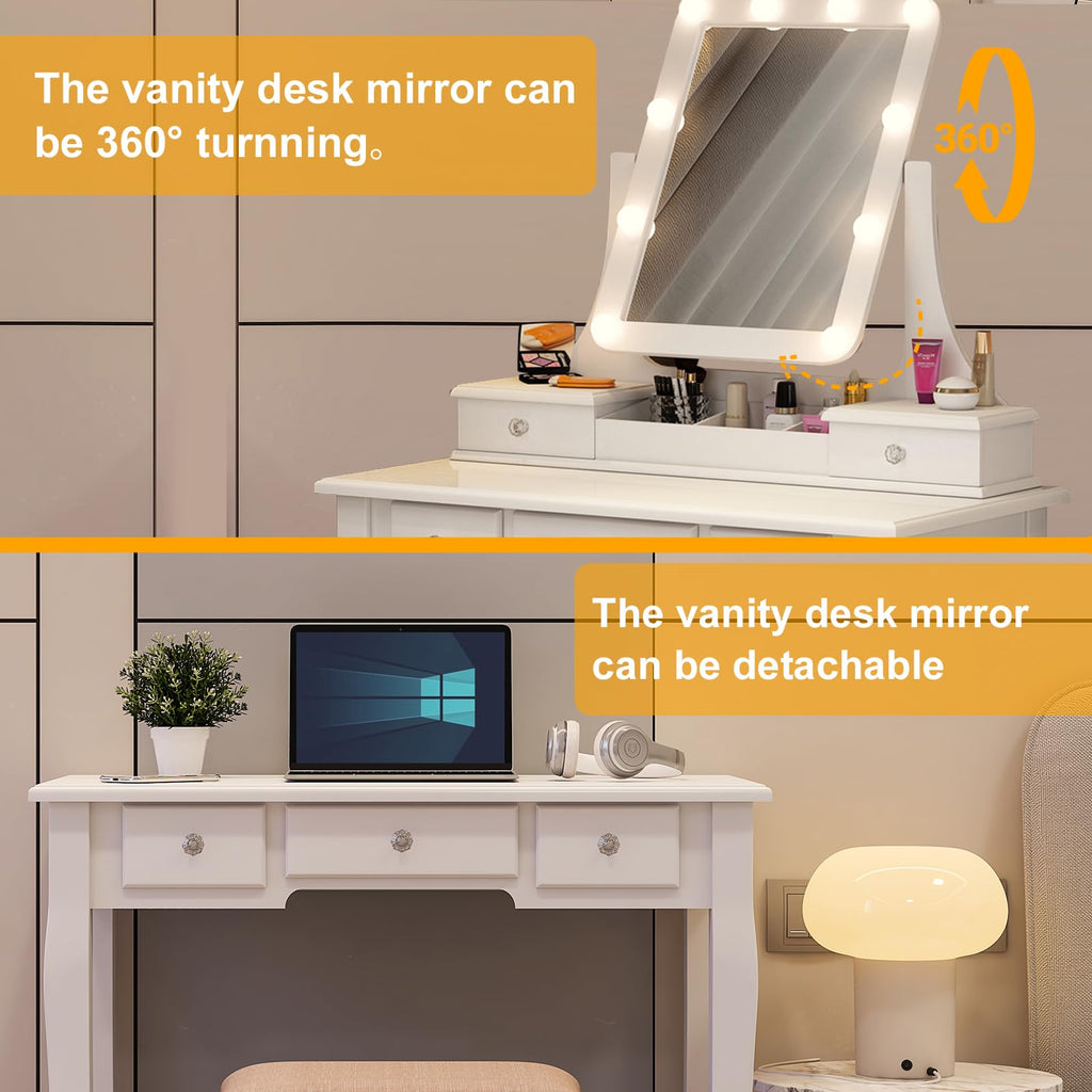 Vanity Desk with Mirror and Lights and Stool Set Y792485