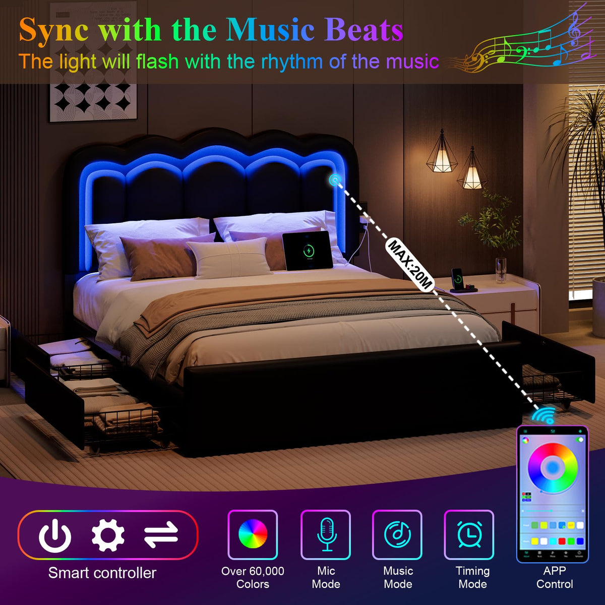 Full Size Bed Frame with LED Lights and Storage Drawers, Black B326980