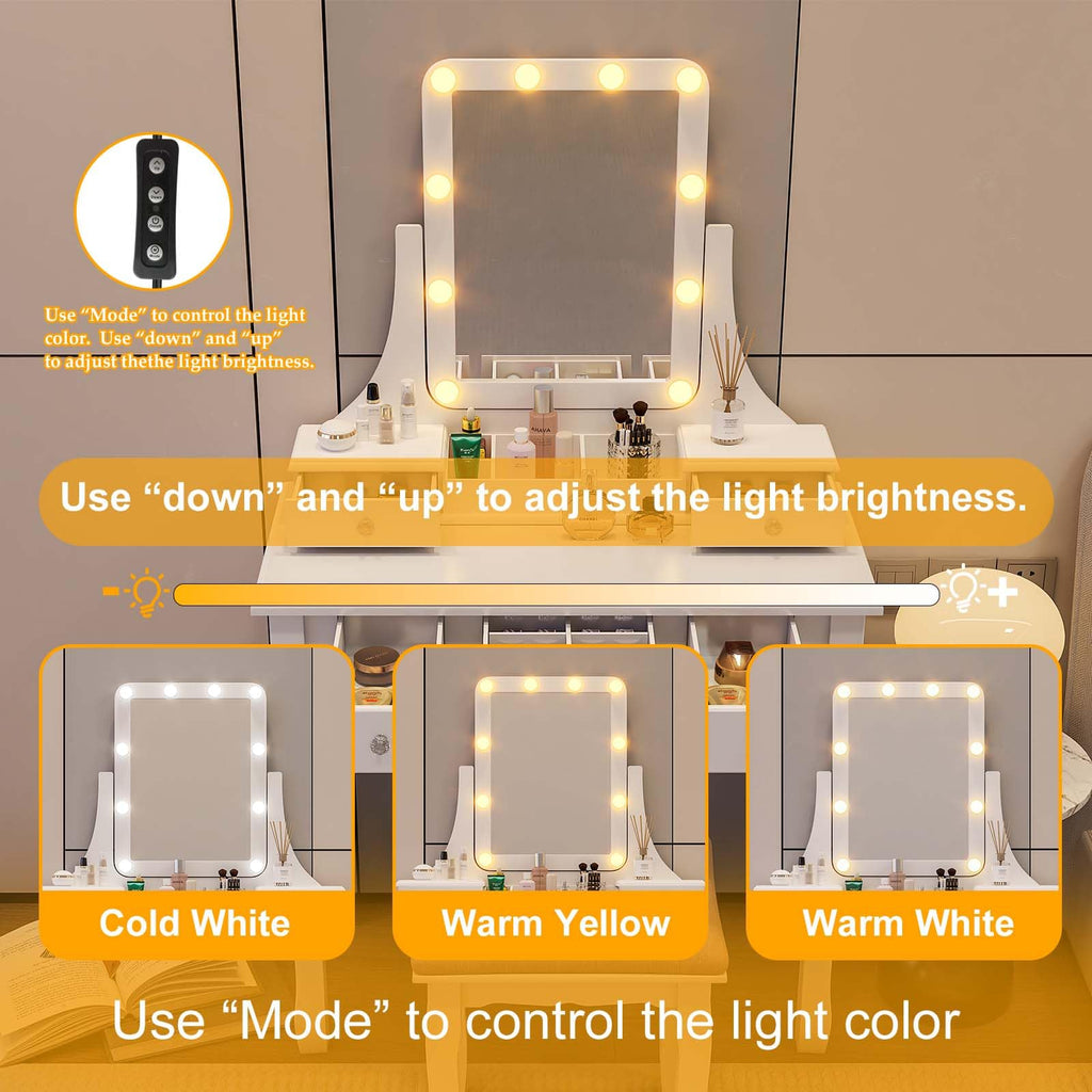 Vanity Desk with Mirror and Lights and Stool Set Y792485