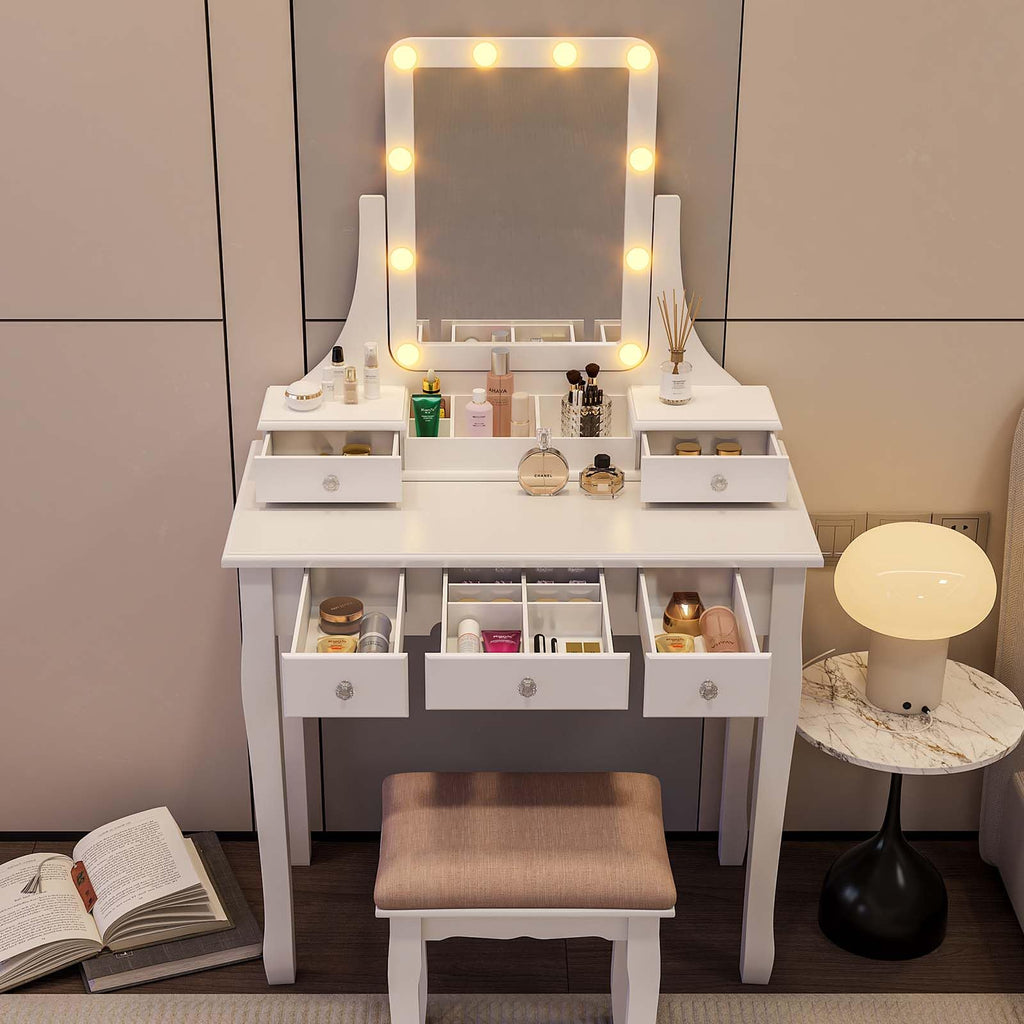 Vanity Desk with Mirror and Lights and Stool Set Y792485