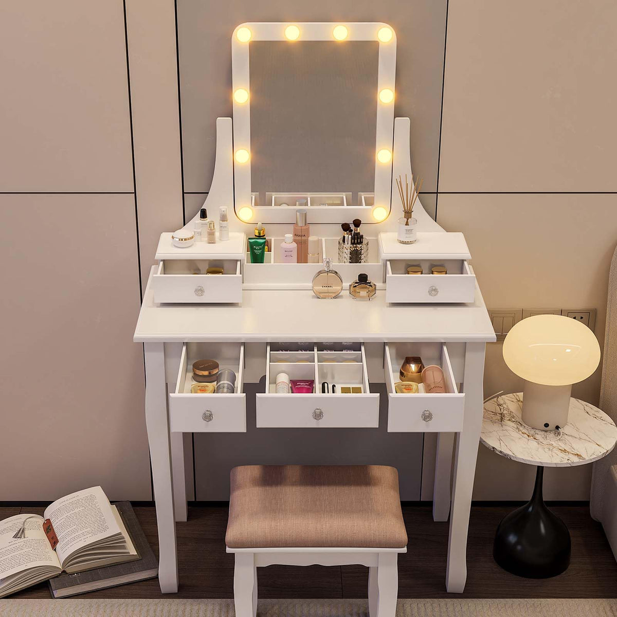 Vanity Desk with Mirror and Lights and Stool Set Y792485
