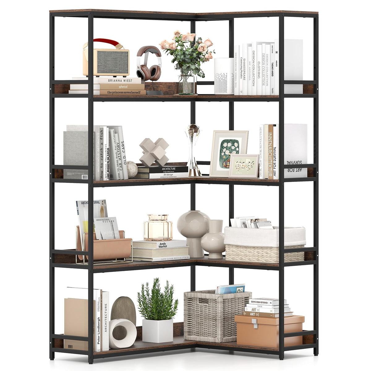 5-Tier L-Shaped Bookshelf with Metal Frame S907