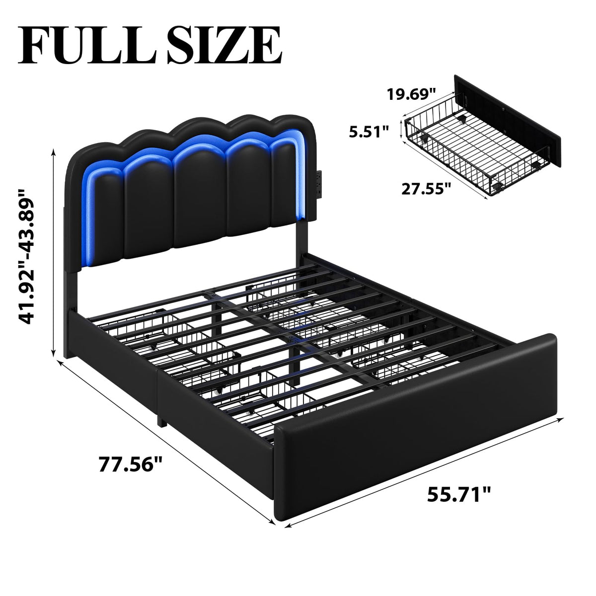 Full Size Bed Frame with LED Lights and Storage Drawers, Black B326980