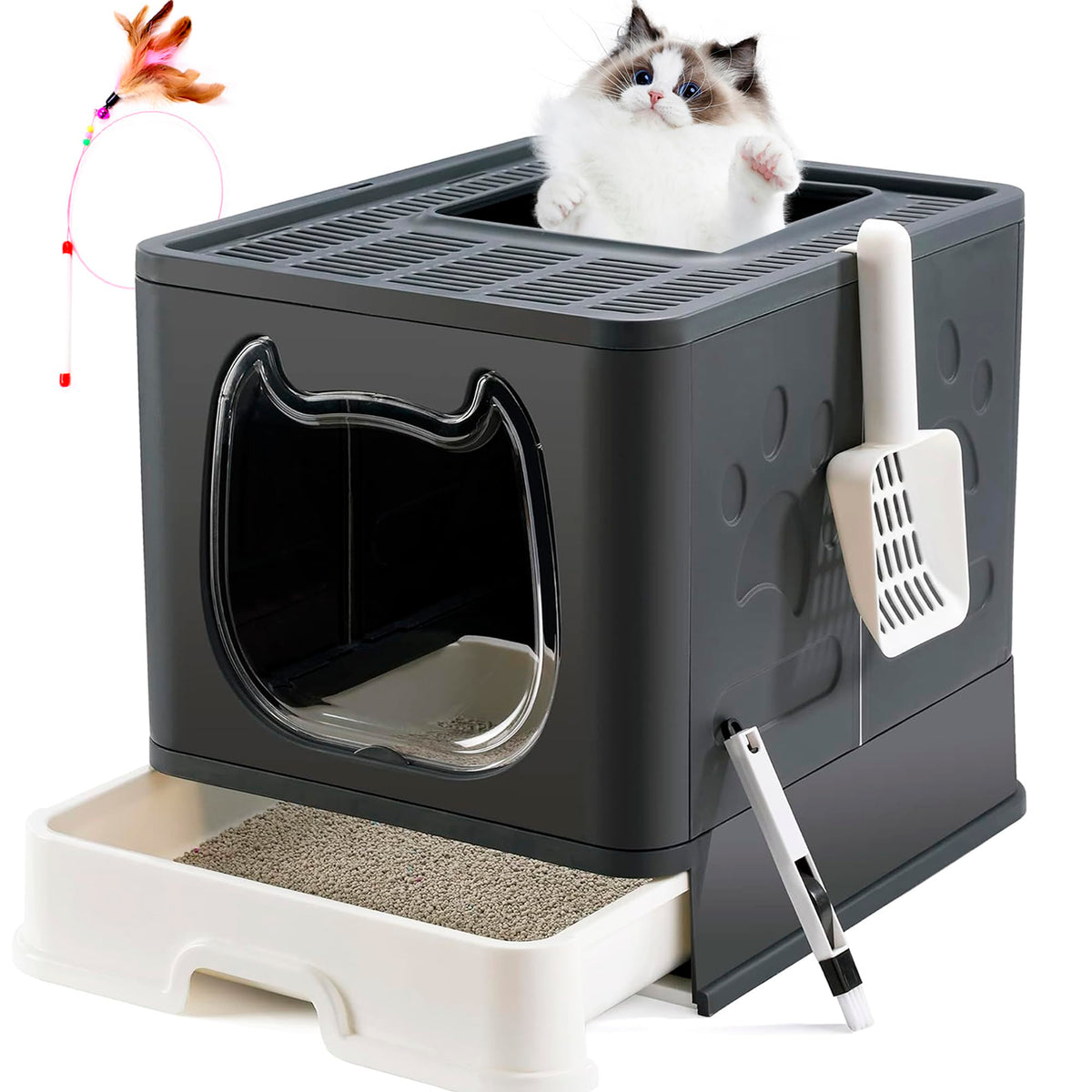 Top Entry Covered Cat Litter Box with Scoop and Brush C850