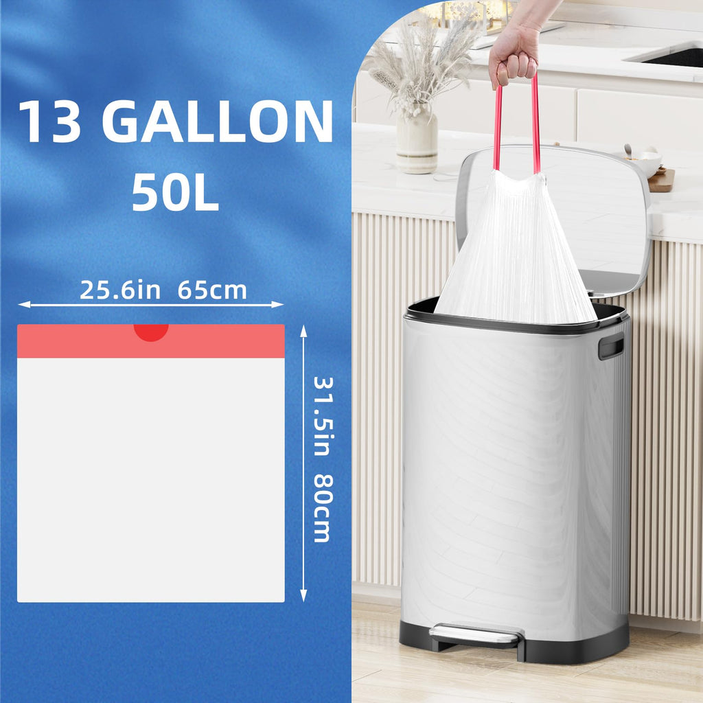 13.2 Gallon Tall Kitchen Drawstring Trash Bags, 200 Count Unscented Leak Proof T9705
