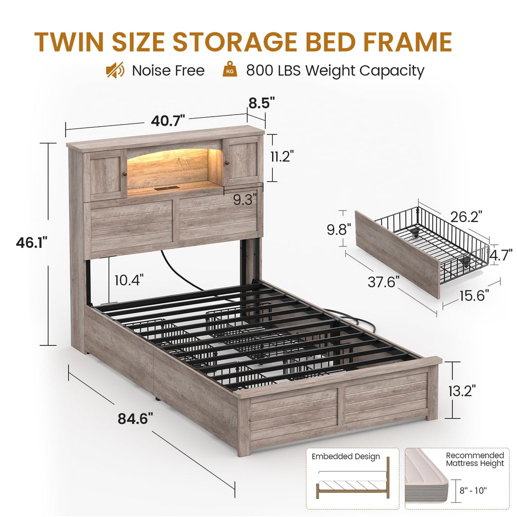 Twin Size Wood Platform Bed Frame with Bookcase Storage Headboard and 4 Drawers M433024