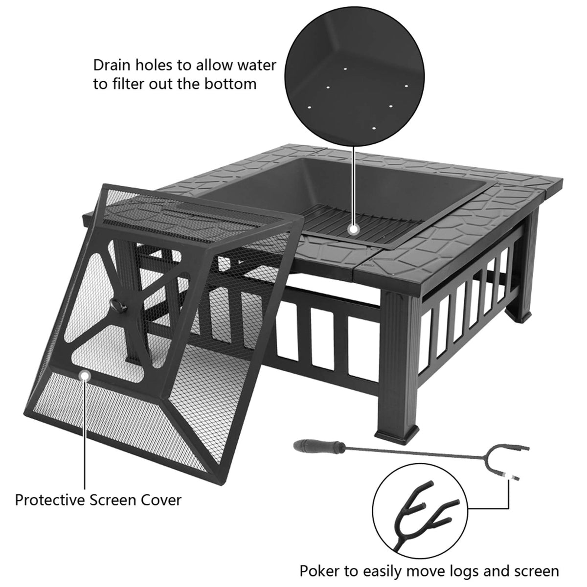 32-inch Metal Outdoor Fire Pit with Fireplace Screen C943