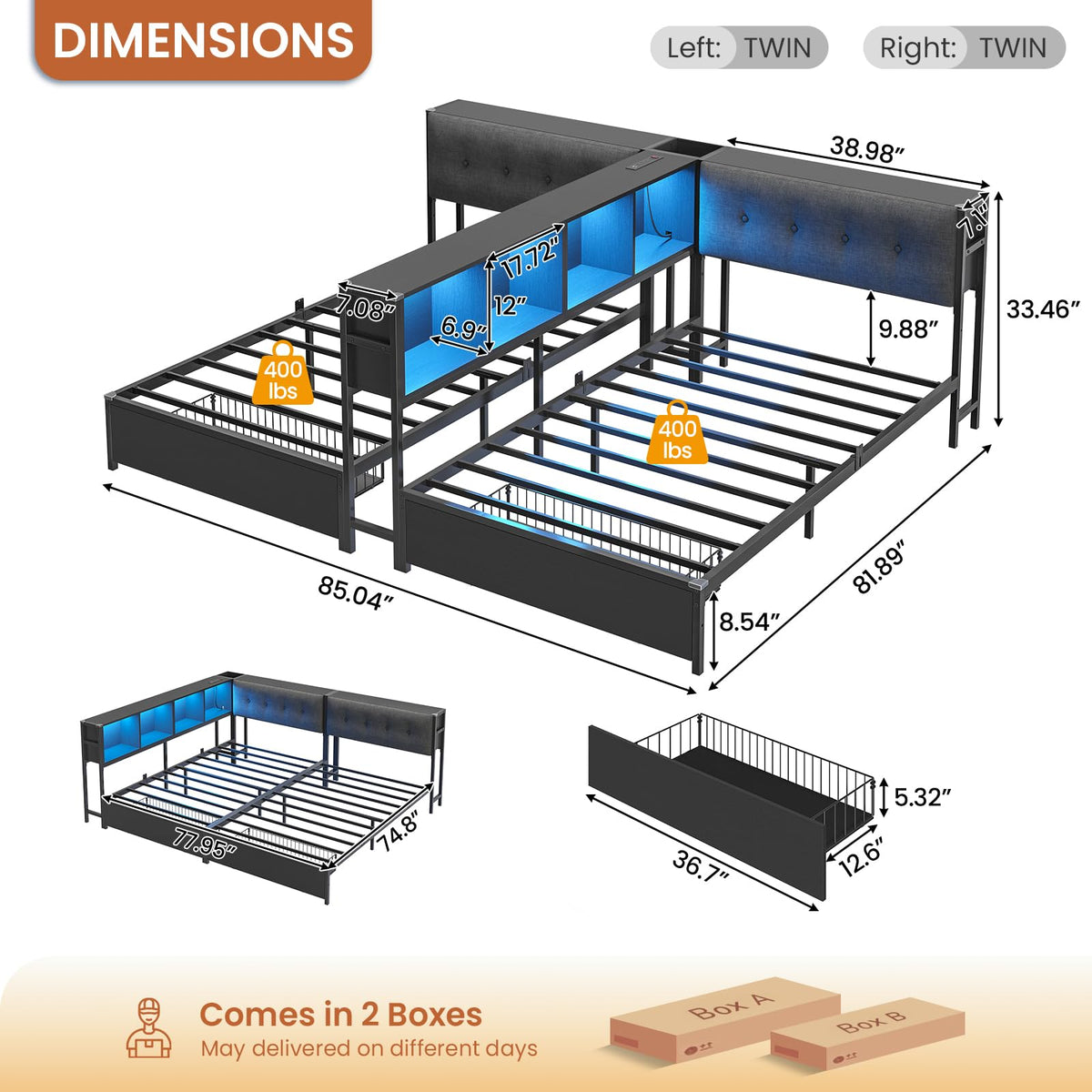 Black Twin Metal Platform Bed with Storage C316856