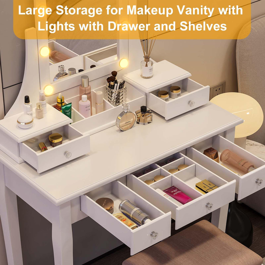 Vanity Desk with Mirror and Lights and Stool Set Y792485