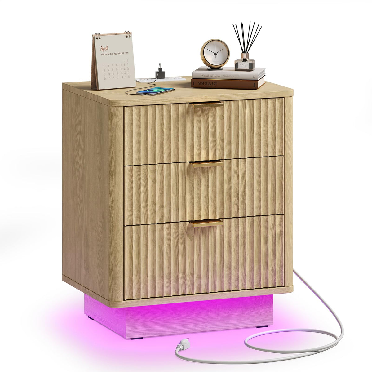 Natural 3 Drawer Nightstand with Charging Station A14932