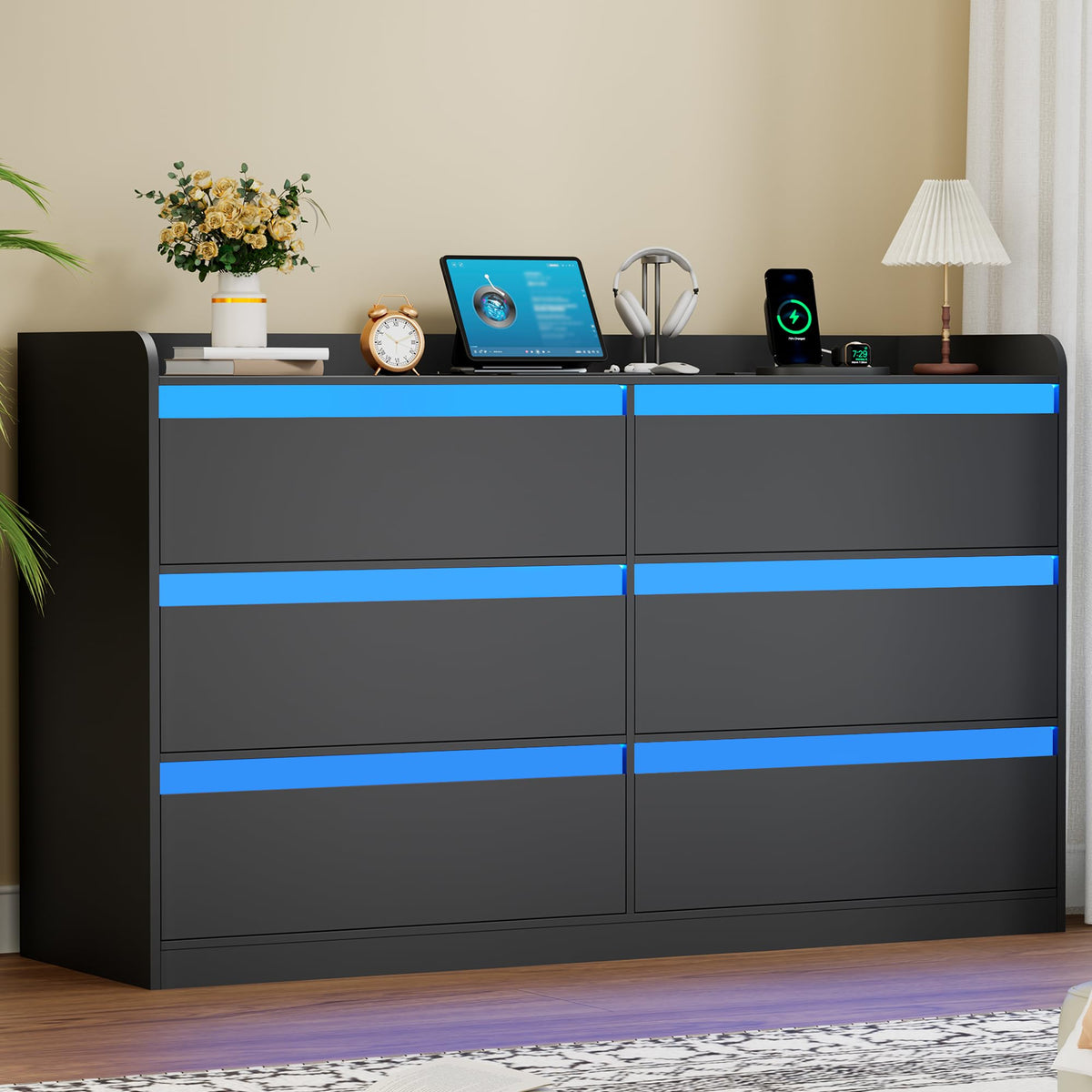 Black Dresser with Power Outlet and LED Lights R2778