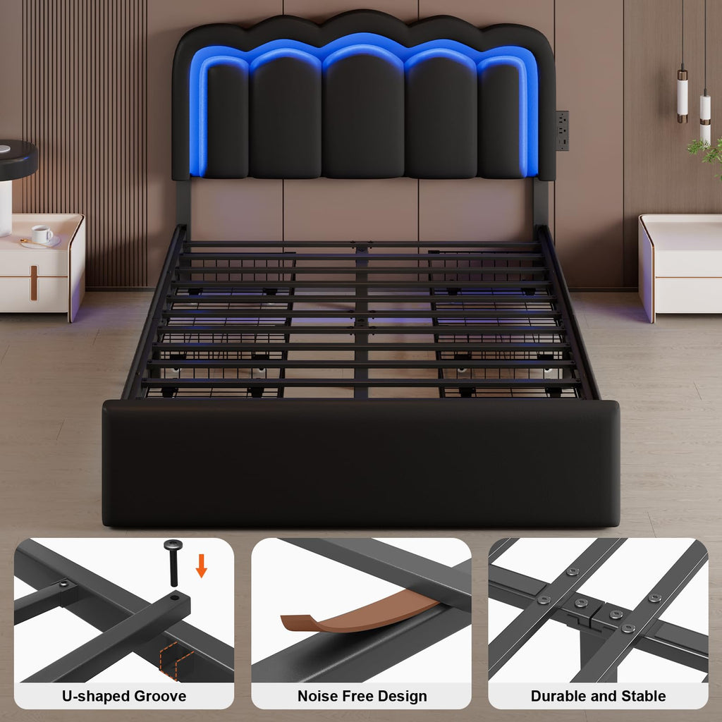 Full Size Bed Frame with LED Lights and Storage Drawers, Black B326980