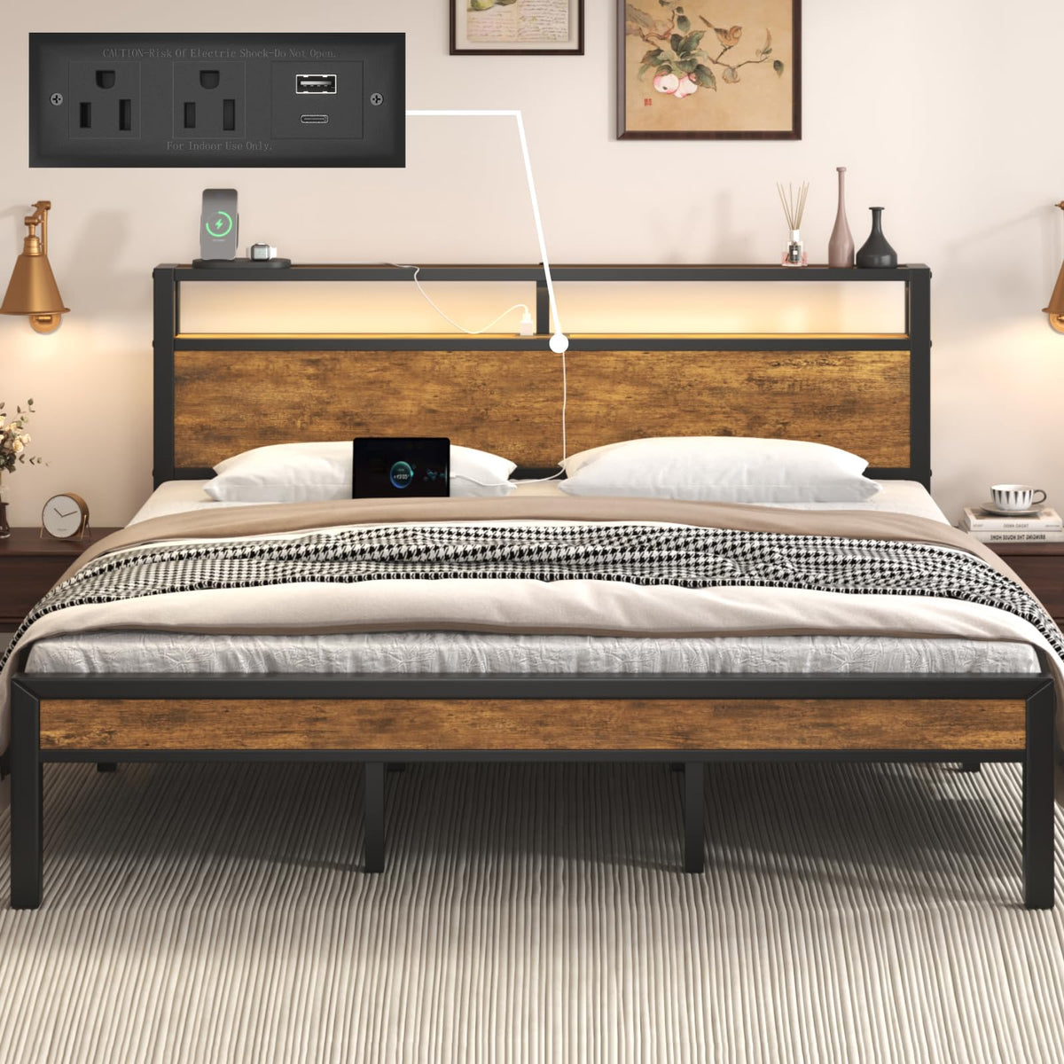 King Size Bed Frame with LED Light and Charging Station O284