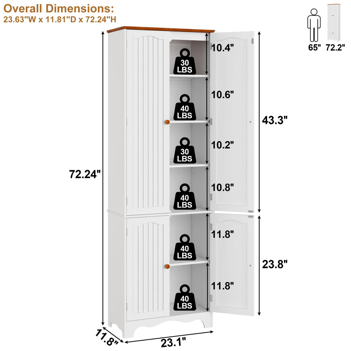 White 72" Kitchen Pantry Cabinet with Doors and Adjustable Shelves D7493