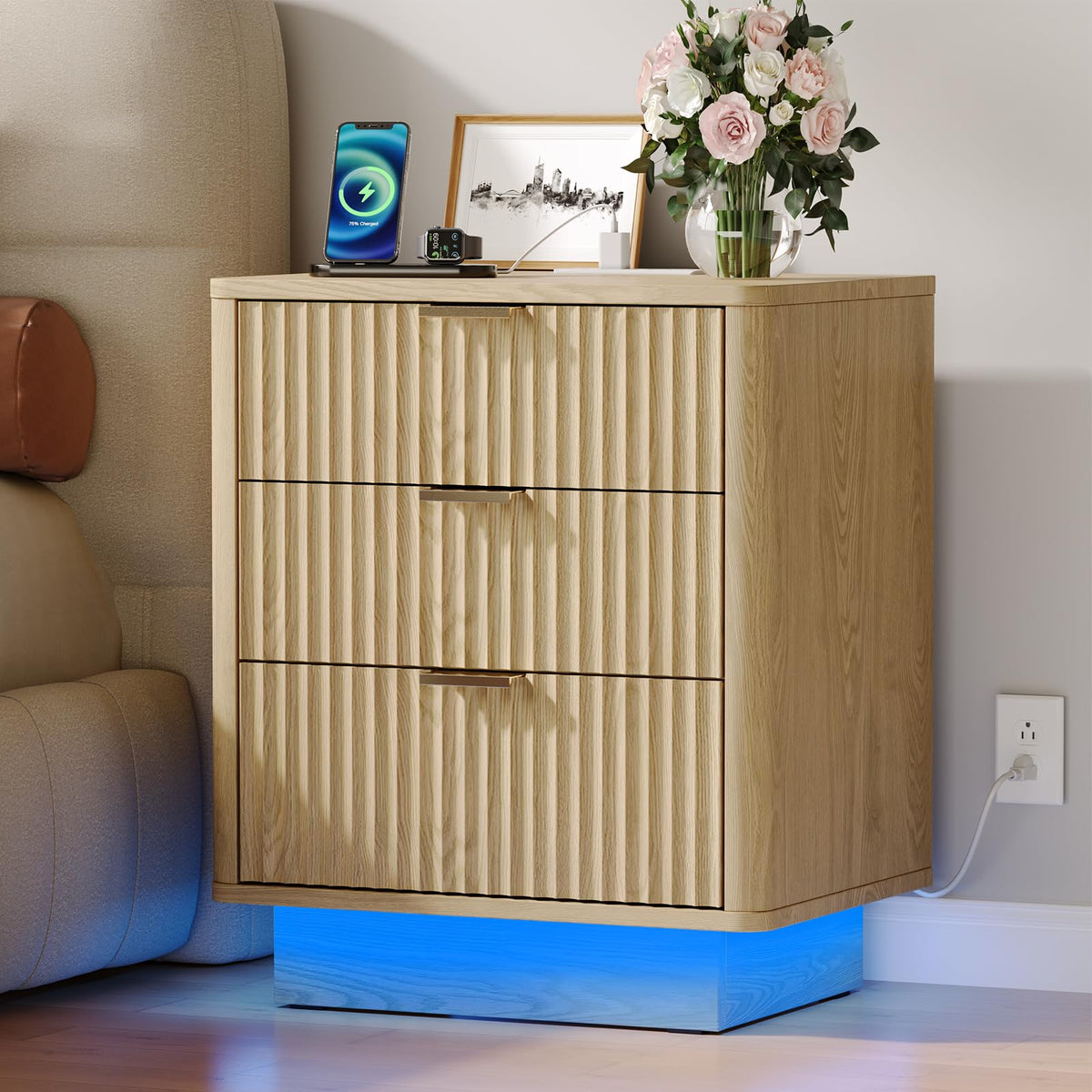 Natural 3 Drawer Nightstand with Charging Station A14932