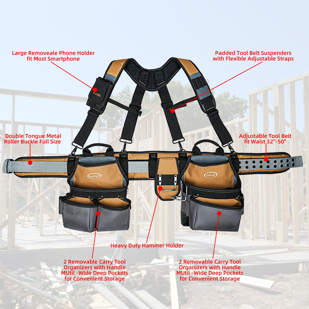 Khaki 28-Pocket Tool Belt and Suspenders V7282