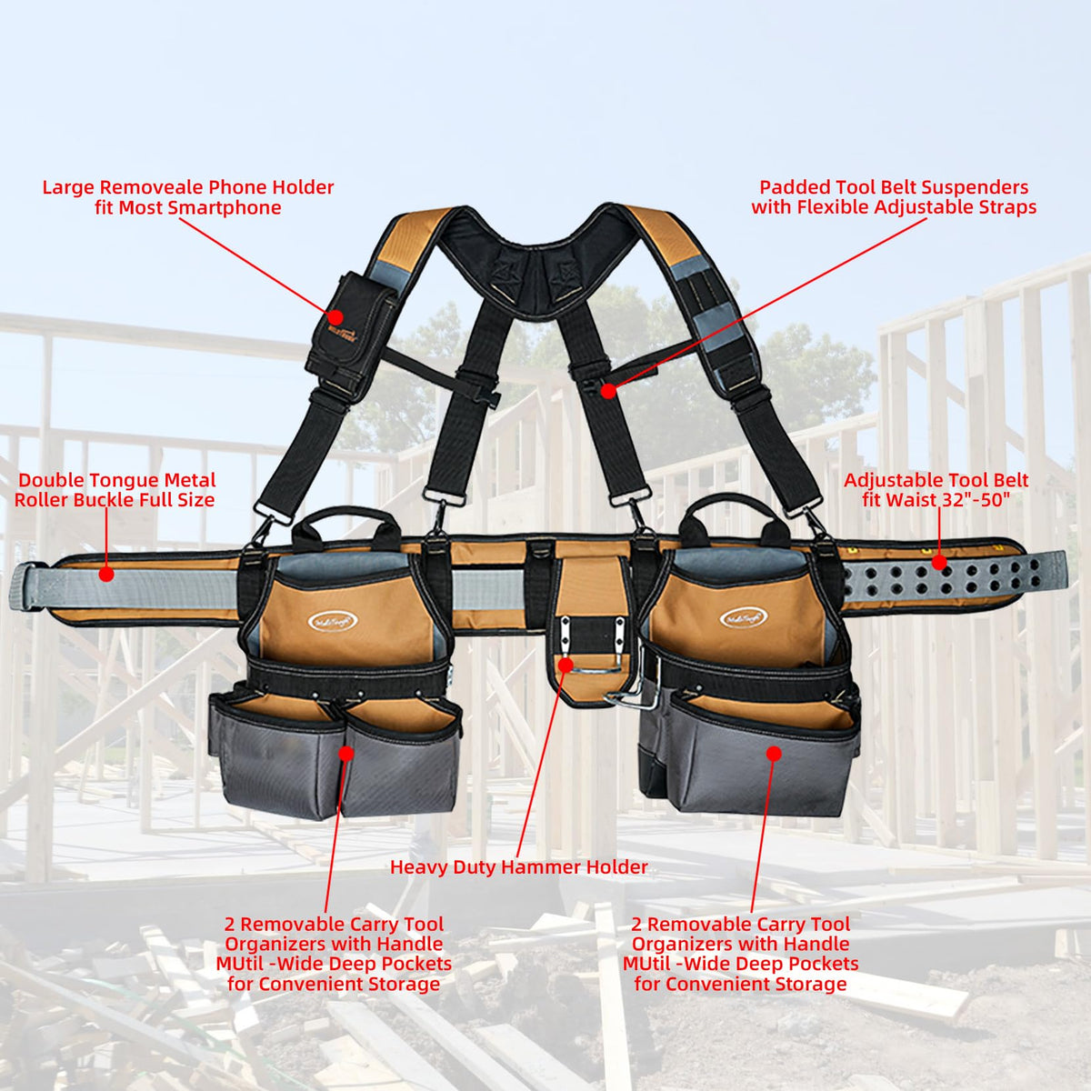 Khaki 28-Pocket Tool Belt and Suspenders V7282