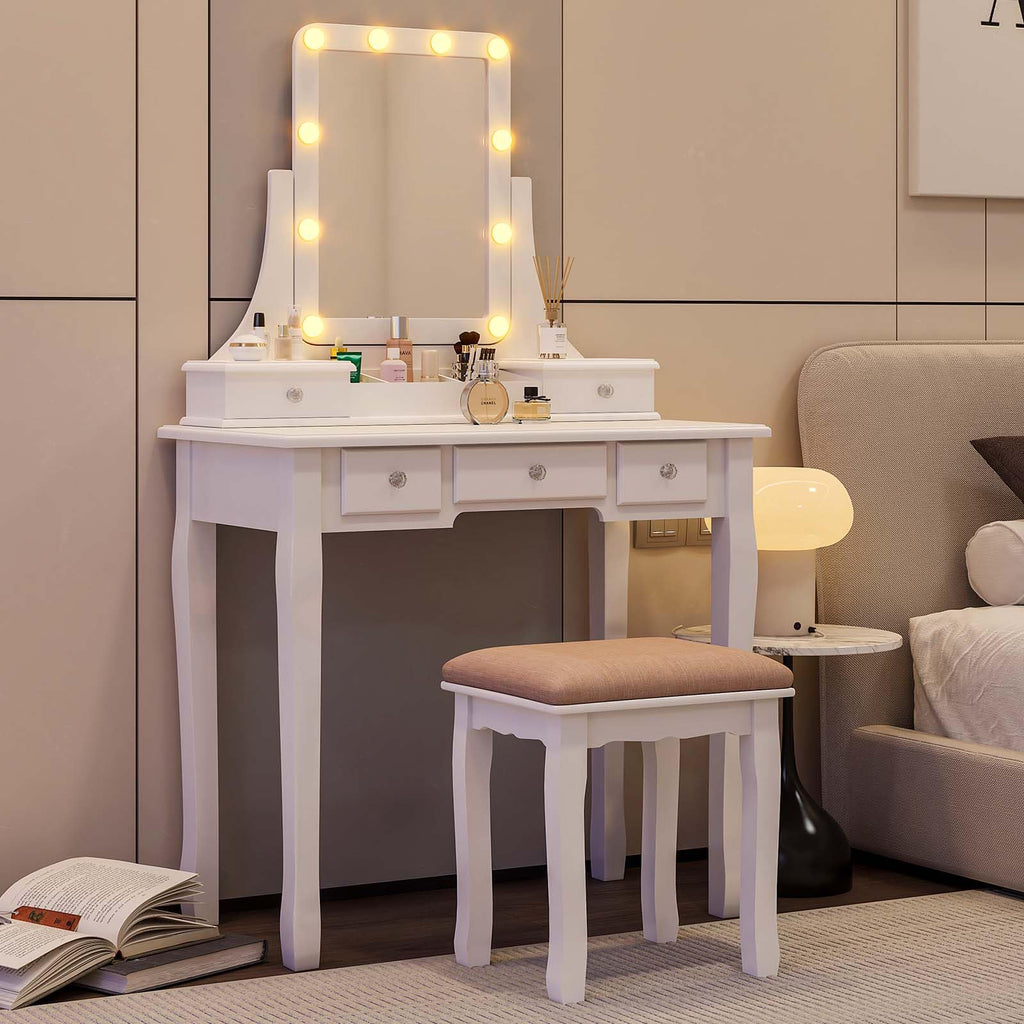 Vanity Desk with Mirror and Lights and Stool Set Y792485