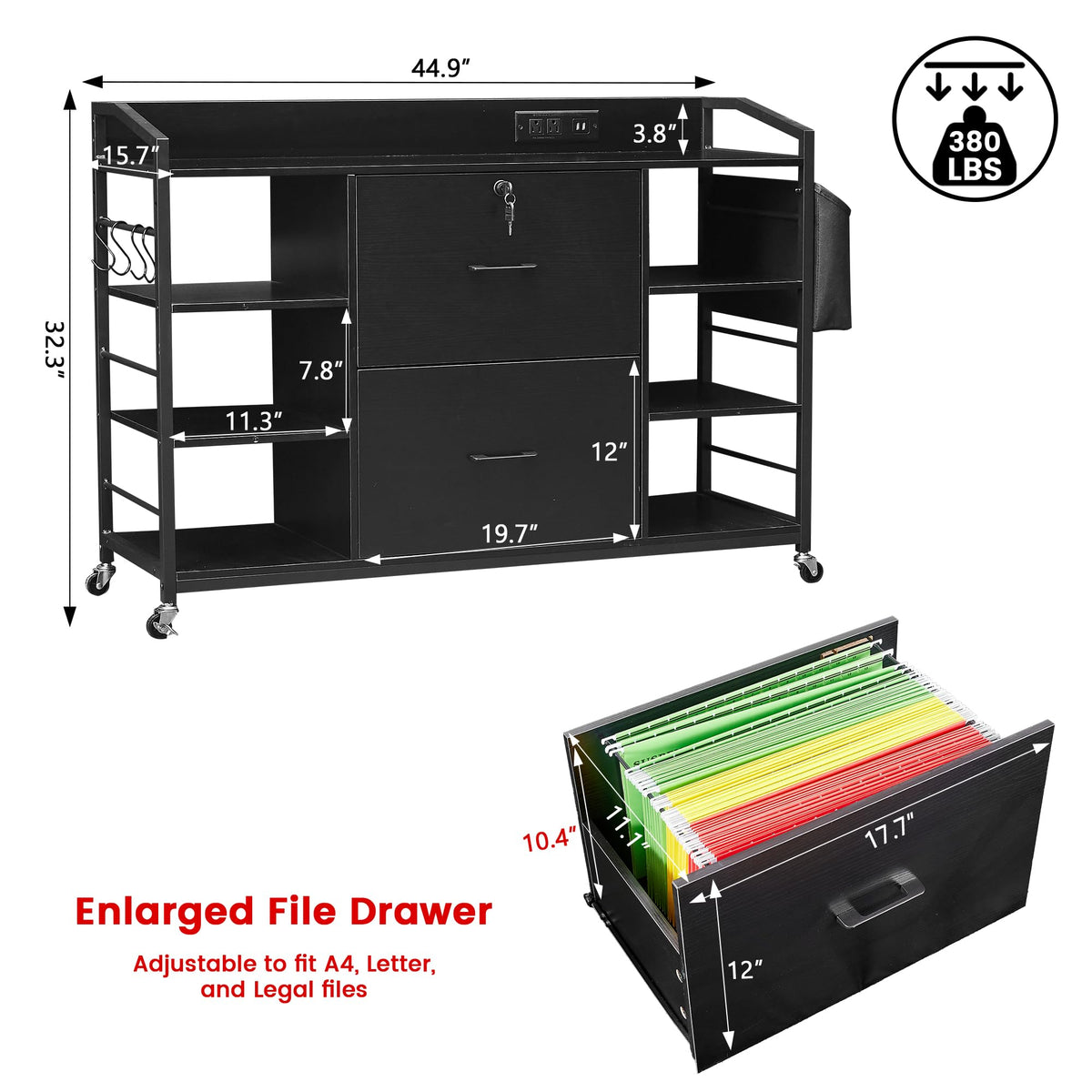 45" Black 2 Drawer File Cabinet with Lock and Power Outlet D8996