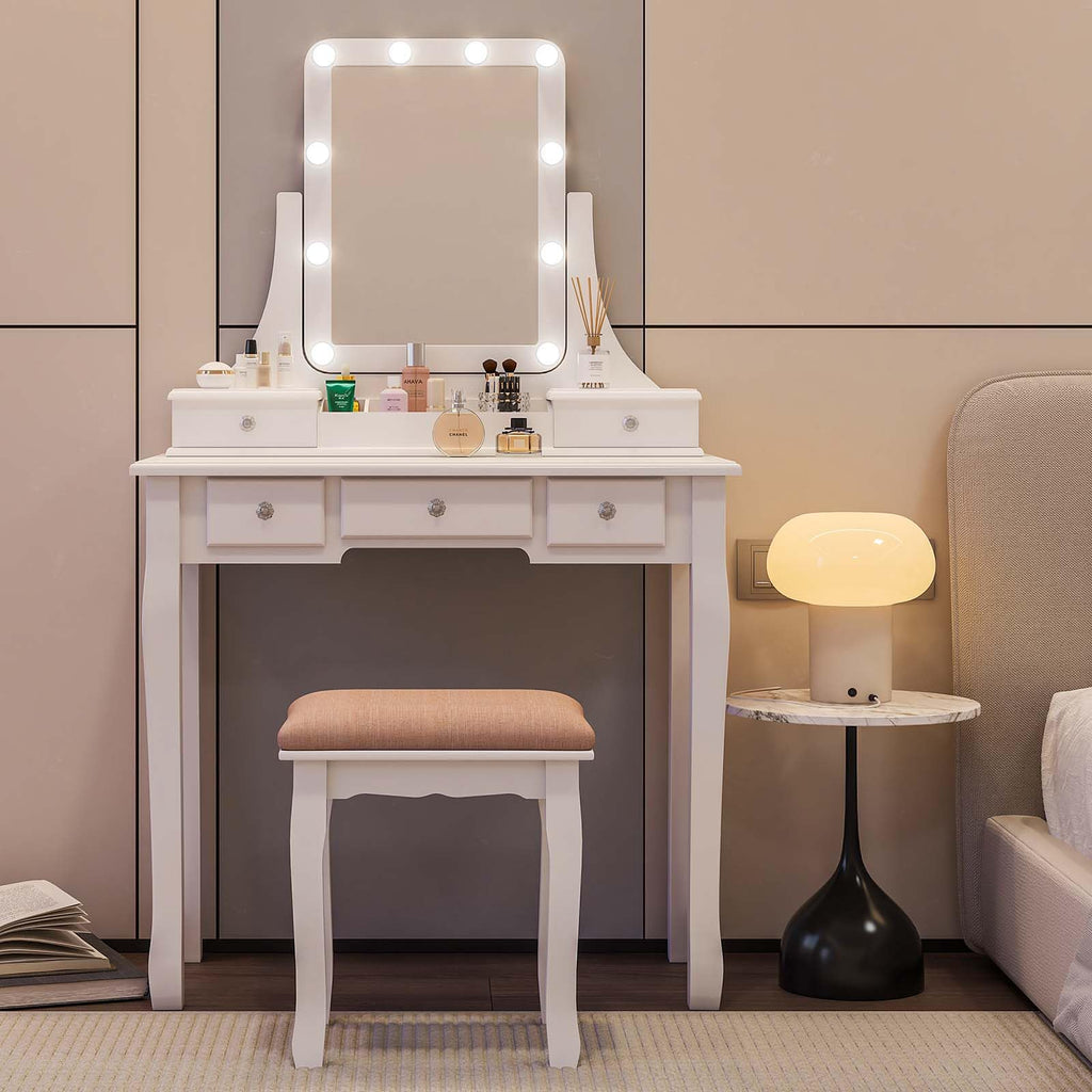 Vanity Desk with Mirror and Lights and Stool Set Y792485
