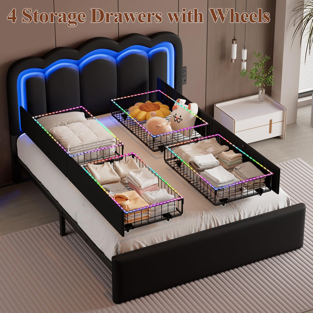 Full Size Bed Frame with LED Lights and Storage Drawers, Black B326980
