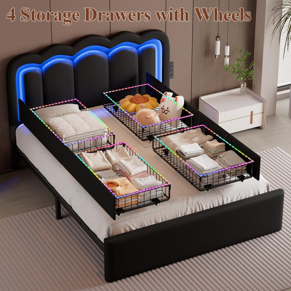 Full Size Bed Frame with LED Lights and Storage Drawers, Black B326980