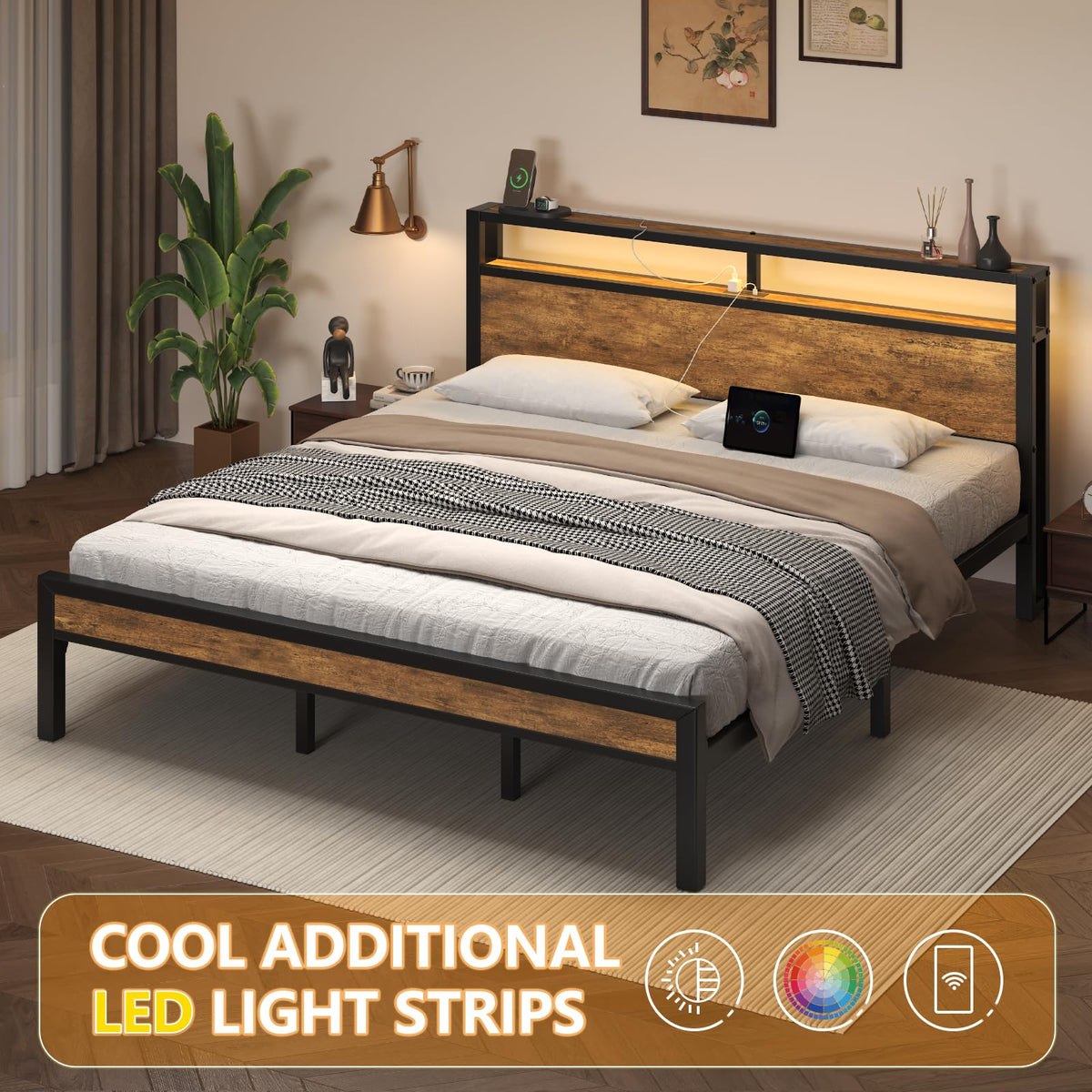 King Size Bed Frame with LED Light and Charging Station O284
