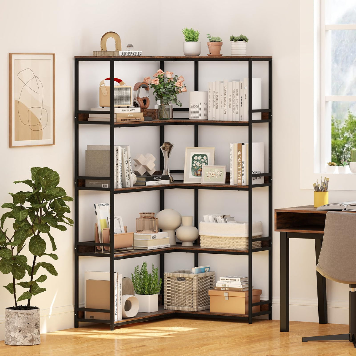 5-Tier L-Shaped Bookshelf with Metal Frame S907